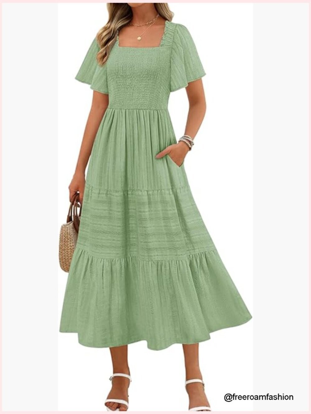Flowy Midi Maxi Dress Short Sleeve Square Neck Smocked Tiered Ruffle Boho with